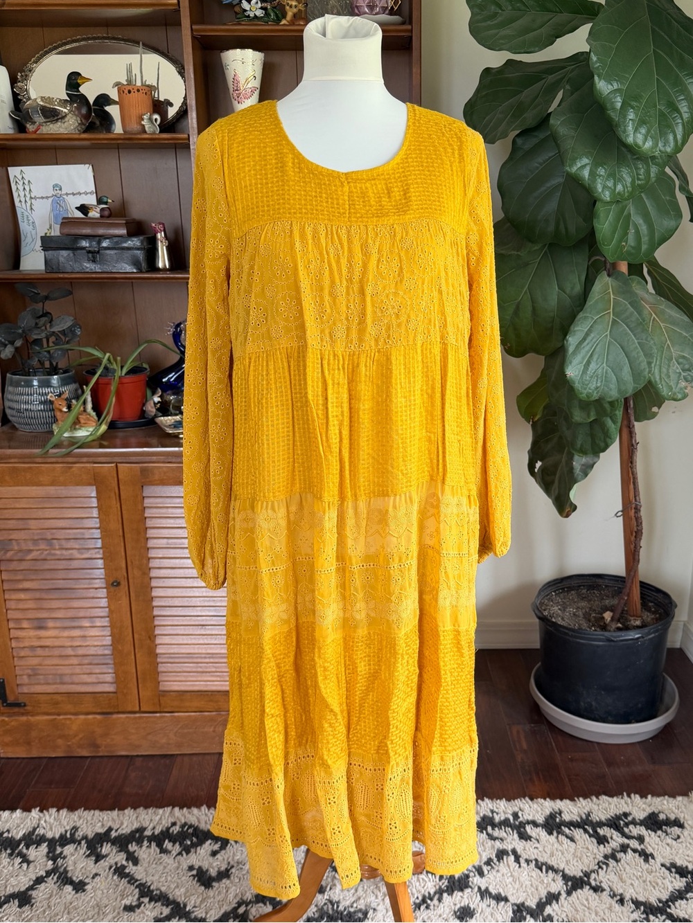 Free People Golden Yellow Eyelet Tiered Long-Sleeve Dress S